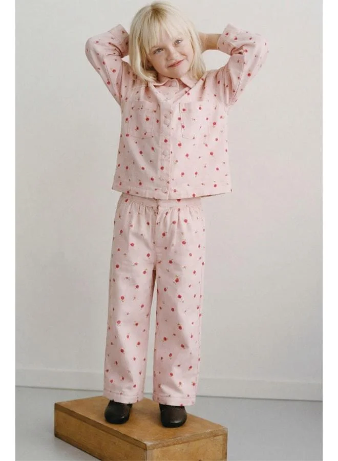 Magu Girls' Cotton Pink Floral Lapel Jacket and Pants Set.