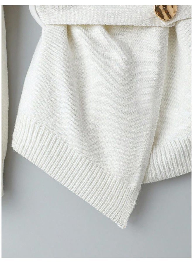 Verdusa Women's Old Money Belted Cardigan Long Sleeve Wrap V Neck Asymmetrical Sweaters, White, L - Image 4
