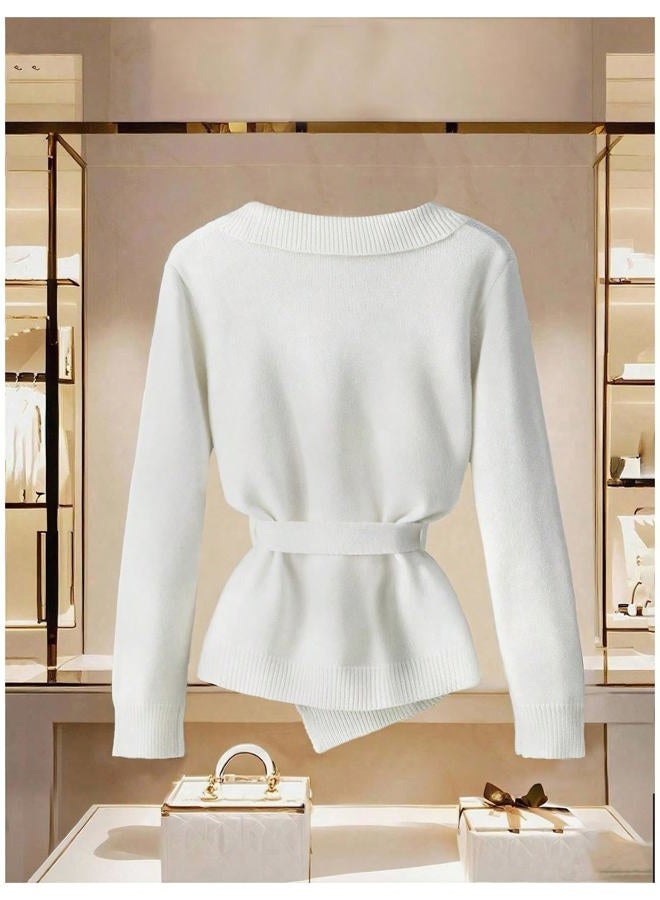 Verdusa Women's Old Money Belted Cardigan Long Sleeve Wrap V Neck Asymmetrical Sweaters, White, L - Image 2