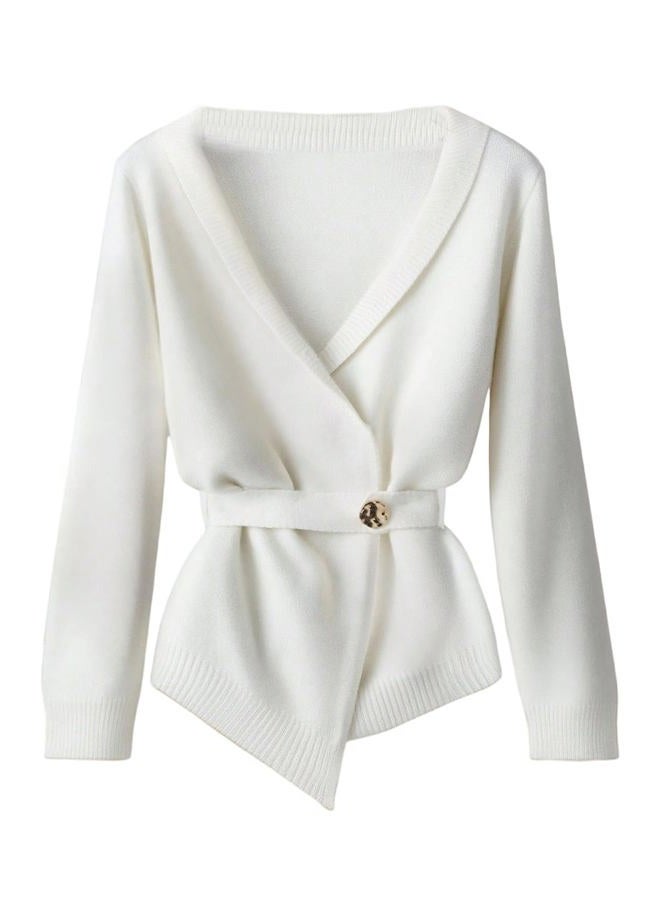 Verdusa Women's Old Money Belted Cardigan Long Sleeve Wrap V Neck Asymmetrical Sweaters, White, L - Image 1