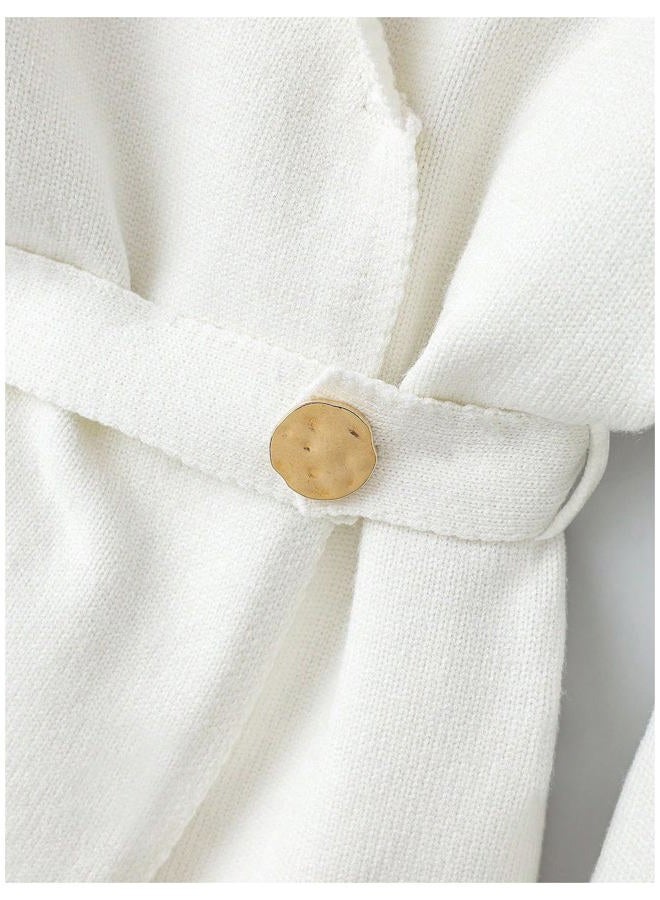 Verdusa Women's Old Money Belted Cardigan Long Sleeve Wrap V Neck Asymmetrical Sweaters, White, L - Image 3