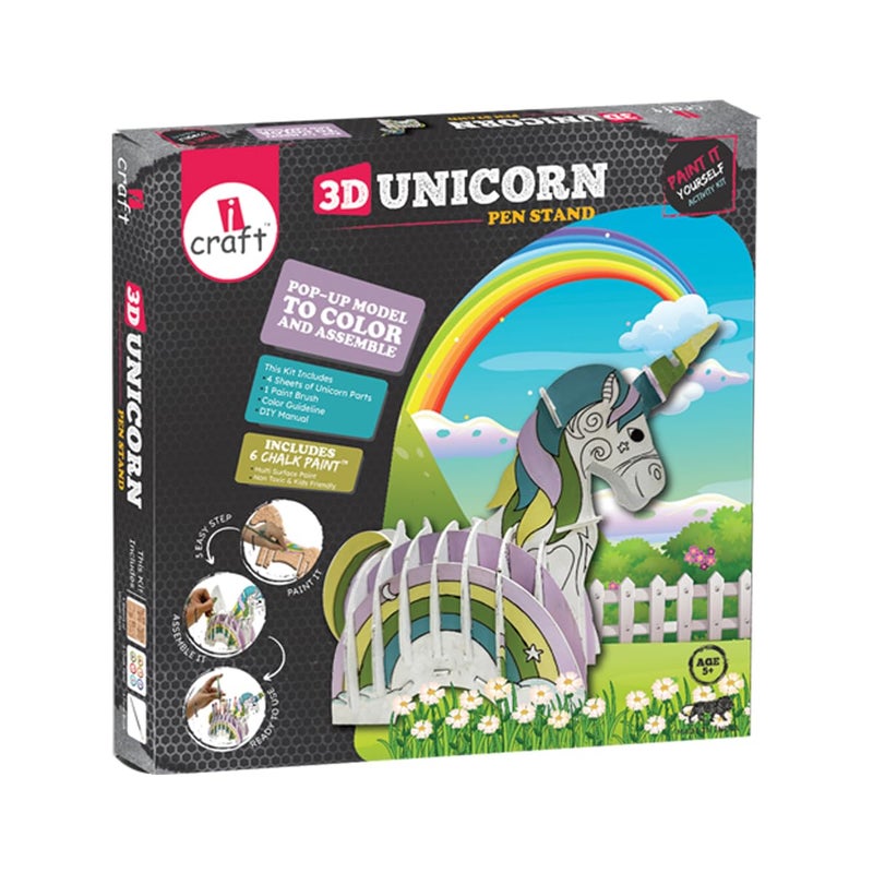 iCraft DIY Art and Craft Animal Penstand |Pack with 6 Chalk Paintsx10ml Each, Set of Round Brushes (1U) | Home Décor Artistic DIY Art & Craft (UNICORN) - Image 1
