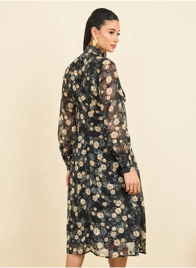 Styli Floral Print Tie Up Neck A-Line Midi Dress