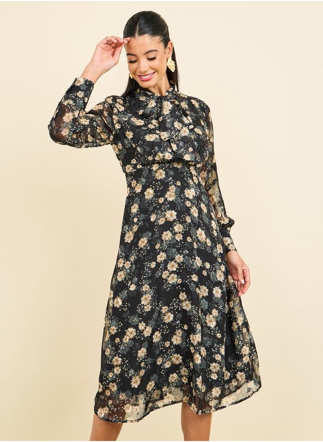 Styli Floral Print Tie Up Neck A-Line Midi Dress  - Image 2