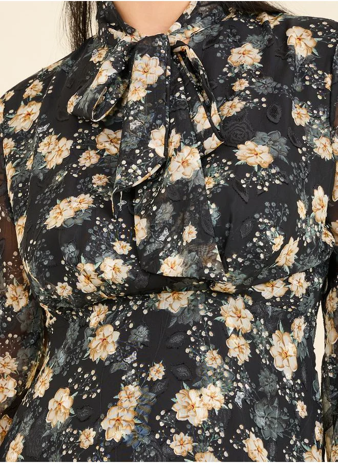 Styli Floral Print Tie Up Neck A-Line Midi Dress