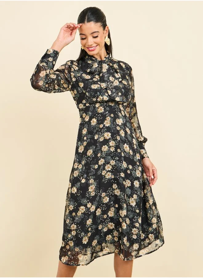 ستايلي Floral Print Tie Up Neck A-Line Midi Dress