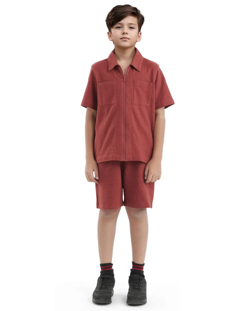 Rare Ones Rare Ones Kids Lomz Rust Cotton Fabric Half Sleeve Tonal Stripe Shacket