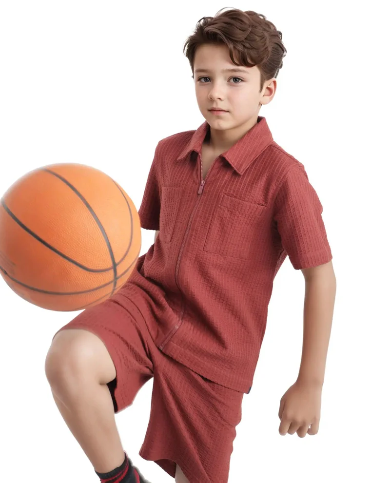 رير ونز Rare Ones Kids Lomz Rust Cotton Fabric Half Sleeve Tonal Stripe Shacket