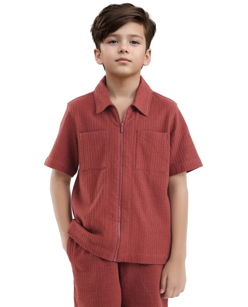 رير ونز Rare Ones Kids Lomz Rust Cotton Fabric Half Sleeve Tonal Stripe Shacket
