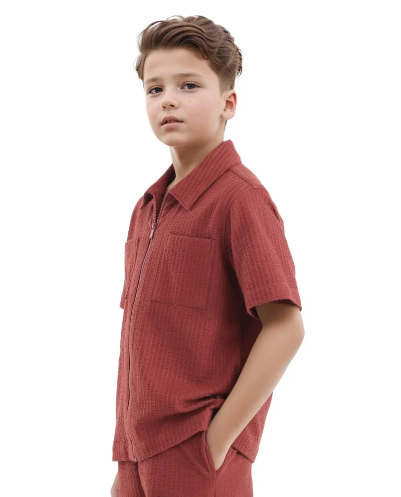 Rare Ones Rare Ones Kids Lomz Rust Cotton Fabric Half Sleeve Tonal Stripe Shacket