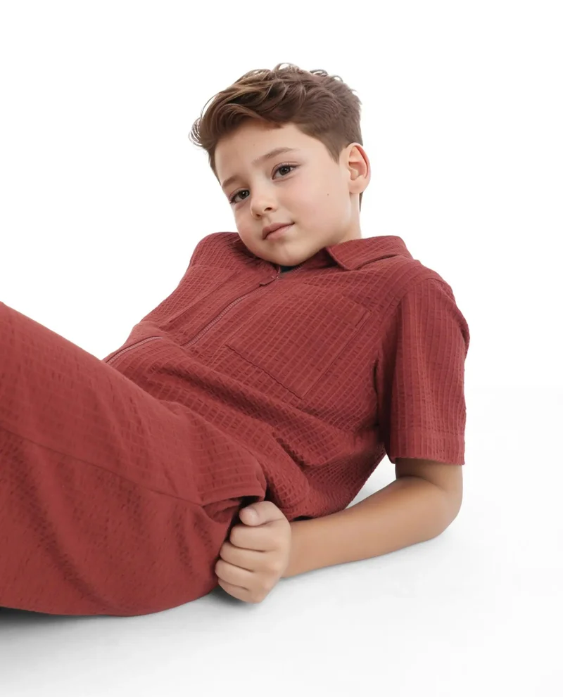 Rare Ones Rare Ones Kids Lomz Rust Cotton Fabric Half Sleeve Tonal Stripe Shacket