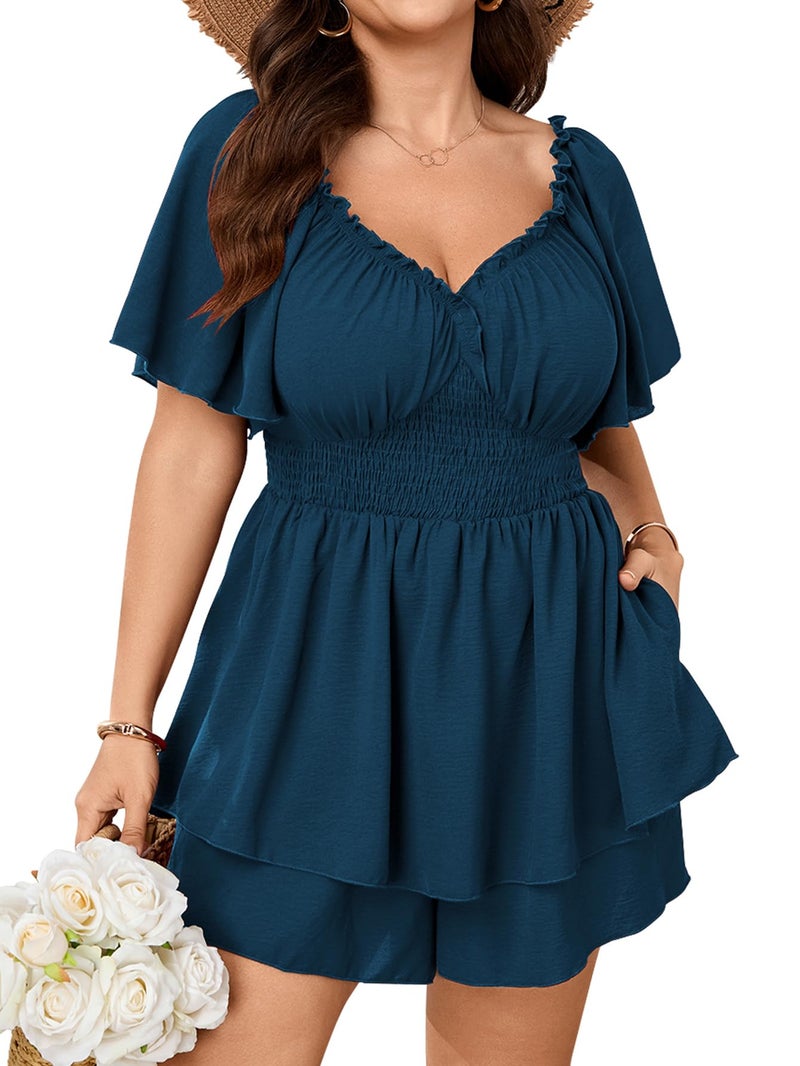 SCOMCHIC Women Plus Size Rompers Summer Romper Dress Short Sleeve Casual Ruffle V Neck Smocked Cute Shorts Jumpsuit - Image 1