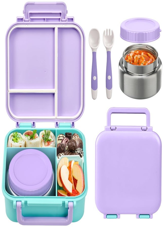 BEAQUEE Bento Box for Kids with Soup Thermos(9oz)- Kid Bento Lunch Box with Leak Proof Insulated Food Jar, Hot & Cold Lunch Container Set for School Girls Boys, 4-Compartments, Purple/Blue - Image 1