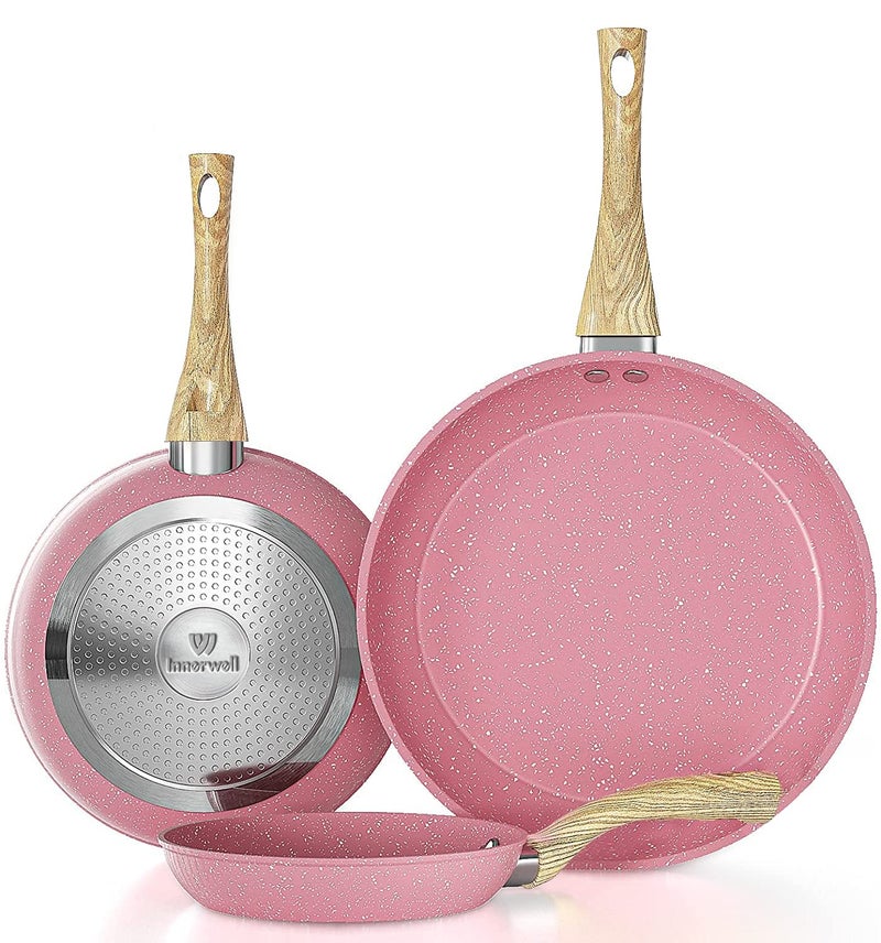 Innerwell طقم مقلاة غير لاصقة 8 95 11 مقلاة بيض وردية غير لاصقة طقم مقالي خالية من PFOA مقلاة أومليت خالية من السموم أواني طهي حجرية قاعدة مضادة للحWarp مع جميع أنواع المواقد المتاحة متوافقة مع الحث