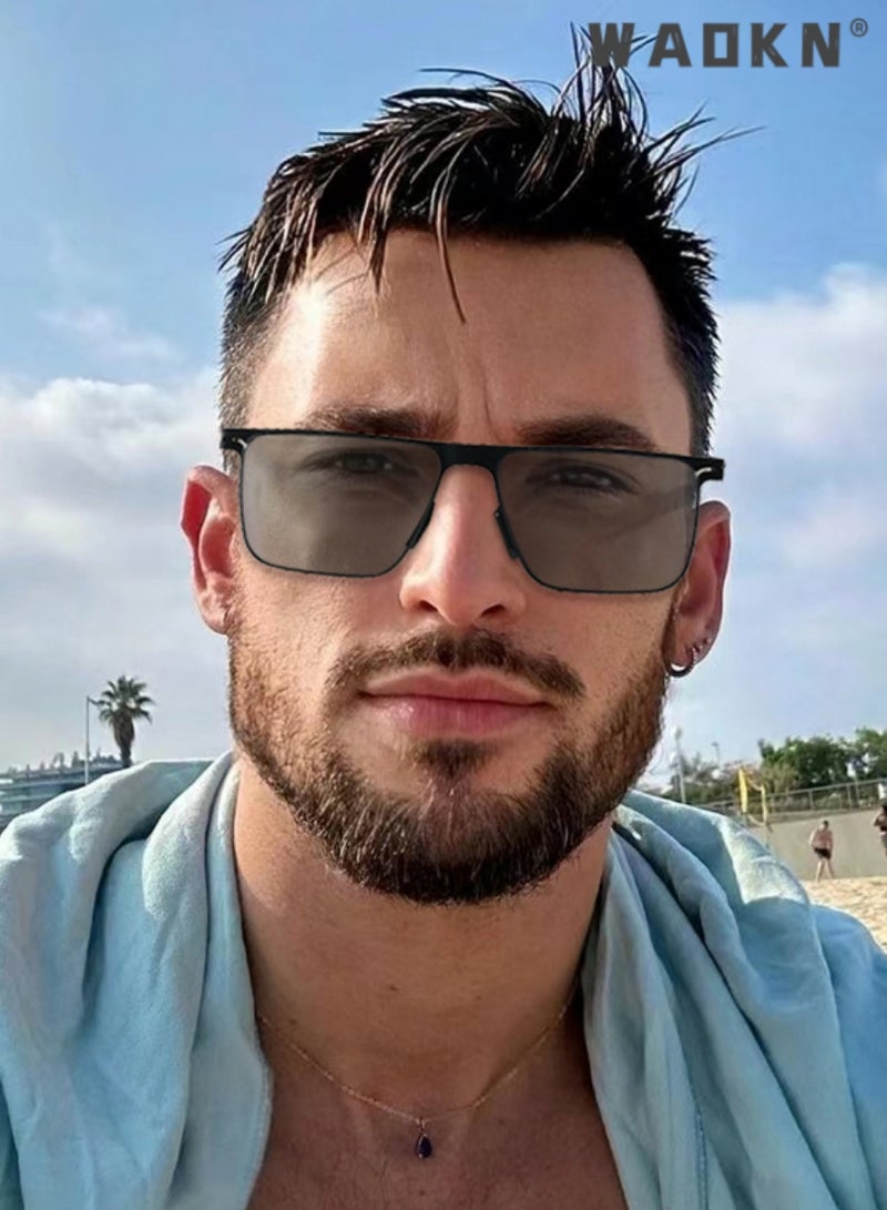 دبليو أيه أو كي أن نظارات شمسية مستطيلة للرجال بحماية من الأشعة فوق البنفسجية 400 بإطار معدني خفيف الوزن ونظارات شمسية عصرية مضادة للتوهج للرجال أثناء القيادة وصيد الأسماك ولعب الجولف والسفر باللون الأسود - Image 2