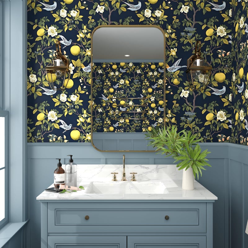 Laatse Birds Wallpaper Peel and Stick, Floral Contact Paper, Trees Friuts Flowers Wall Mural Removable Self Adhesive Waterproof for Room Shelves Cabinet Drawer Table 17.5" x 118"(Blue, Yellow, Green) - Image 4