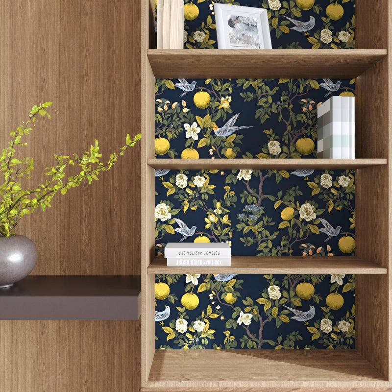 Laatse Birds Wallpaper Peel and Stick, Floral Contact Paper, Trees Friuts Flowers Wall Mural Removable Self Adhesive Waterproof for Room Shelves Cabinet Drawer Table 17.5" x 118"(Blue, Yellow, Green) - Image 5