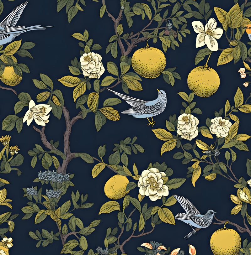 Laatse Birds Wallpaper Peel and Stick, Floral Contact Paper, Trees Friuts Flowers Wall Mural Removable Self Adhesive Waterproof for Room Shelves Cabinet Drawer Table 17.5" x 118"(Blue, Yellow, Green) - Image 1