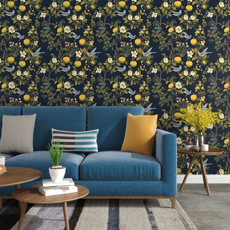 Laatse Birds Wallpaper Peel and Stick, Floral Contact Paper, Trees Friuts Flowers Wall Mural Removable Self Adhesive Waterproof for Room Shelves Cabinet Drawer Table 17.5" x 118"(Blue, Yellow, Green) - Image 2
