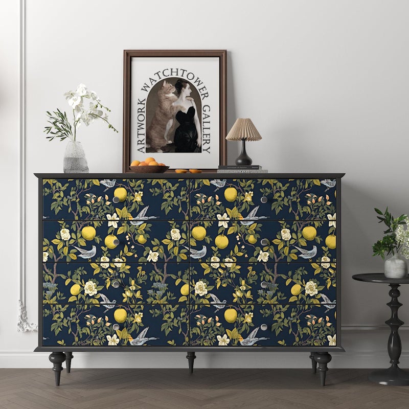 Laatse Birds Wallpaper Peel and Stick, Floral Contact Paper, Trees Friuts Flowers Wall Mural Removable Self Adhesive Waterproof for Room Shelves Cabinet Drawer Table 17.5" x 118"(Blue, Yellow, Green) - Image 3