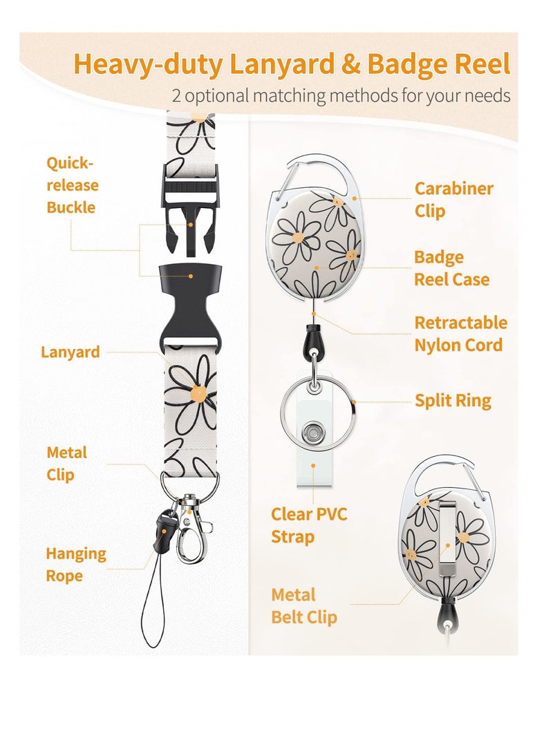 Generic Floral Sliding Badge Holder White Flower Plastic Case with Retractable Badge Reel Carabiner Clip and Detachable Lanyard Strap Hard Vertical Card Protector for Women Nurse Teacher Student  - Image 5