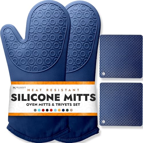 HOMWE BPAFree Soft Silicone 4 Piece Oven Mitts Trivets Set Ultra Heat Resistant Oven Mitts with Thick Cotton Liner Long Slip Resistant Pot Holders Flexible Oven Gloves Royal Blue - Image 1