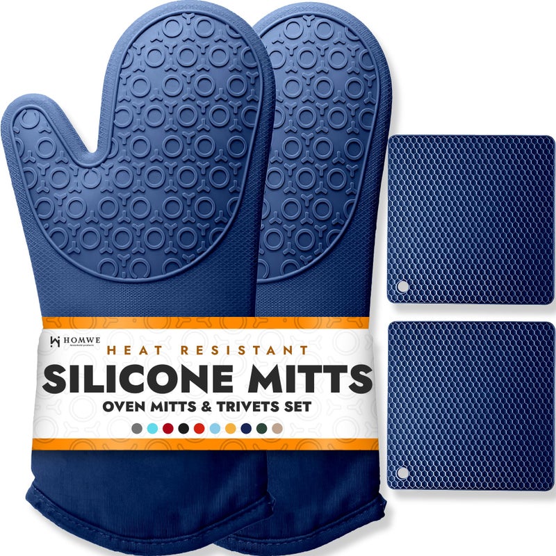 HOMWE BPAFree Soft Silicone 4 Piece Oven Mitts Trivets Set Ultra Heat Resistant Oven Mitts with Thick Cotton Liner Long Slip Resistant Pot Holders Flexible Oven Gloves Royal Blue - Image 2