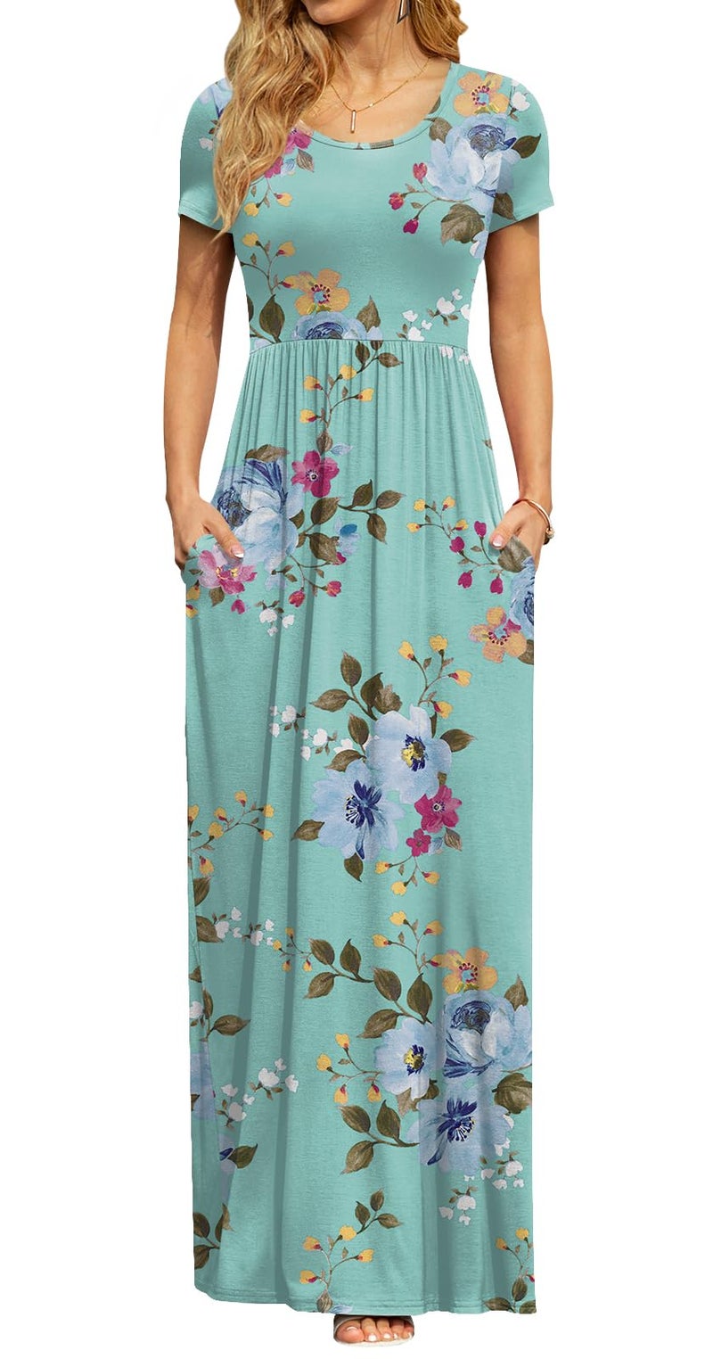 DB MOON Womens 2026 Casual Summer Maxi Dresses Short Sleeve Empire Waist Spring Long Dress with Pockets(Mint Green Floral, S) - Image 4