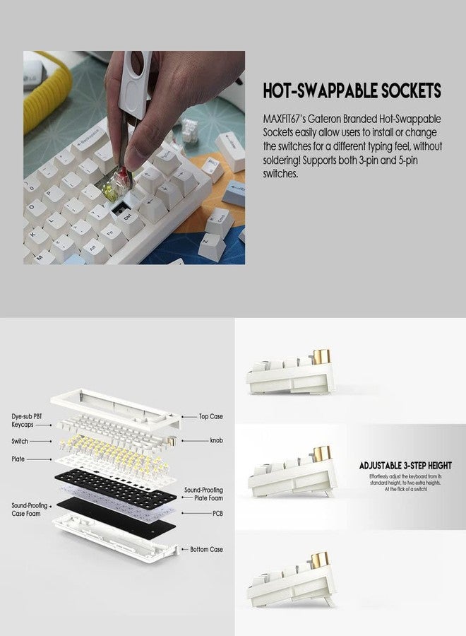 FANTECH MAXFIT67 3-Mode Custom Mechanical Gaming Keyboard RGB Backlit, 65% (67-Key) Hot Swappable Type-C Wired South Facing Mechanical Keyboard, Yellow Switch, White - Image 5