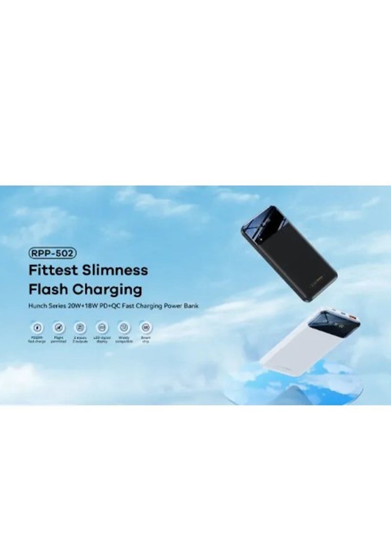 REMAX Power Bank 10000mAh Remax Hunch Series RPP-502 20W+18W PD+QC , Fast Charging for mobile with led screen - whit  - Image 2
