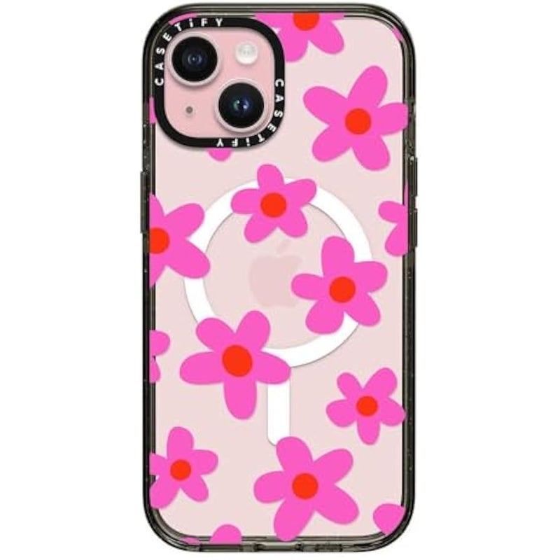 Casetify Impact Case for iPhone 15 【8.2ft 4X Military Grade Drop Protection/Compatible with Magsafe】 - Bold Retro Seventies Flowers in Pink - Clear Black - Image 1