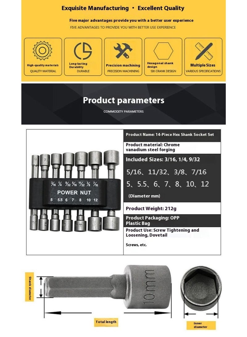 23pcs Power Nut & Screw Driver Drill Bit Set – Metric Socket Wrench with 1/4" Hex Driver & Hex Keys - Image 3