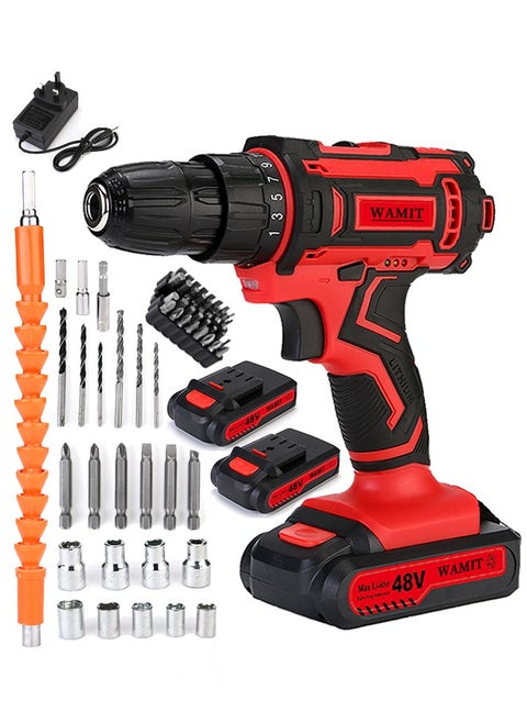 48V Variable Speed ​​Drive Drill, 25+3 Position Clutch, 186 lbs Max Torque, Two Li-Ion Batteries and Fast Charger, 3/8" Drill Kit, LED Work Light, 24 Accessories + 32 Position Box, Red