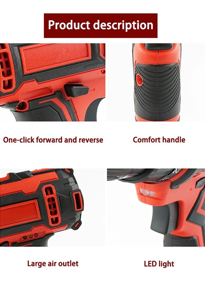 WAMIT 48V Variable Speed ​​Drive Drill, 25+3 Position Clutch, 186 lbs Max Torque, Two Li-Ion Batteries and Fast Charger, 3/8" Drill Kit, LED Work Light, 24 Accessories + 32 Position Box, Red  - Image 2