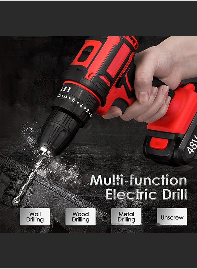 48V Variable Speed ​​Drive Drill, 25+3 Position Clutch, 186 lbs Max Torque, Two Li-Ion Batteries and Fast Charger, 3/8" Drill Kit, LED Work Light, 24 Accessories + 32 Position Box, Red