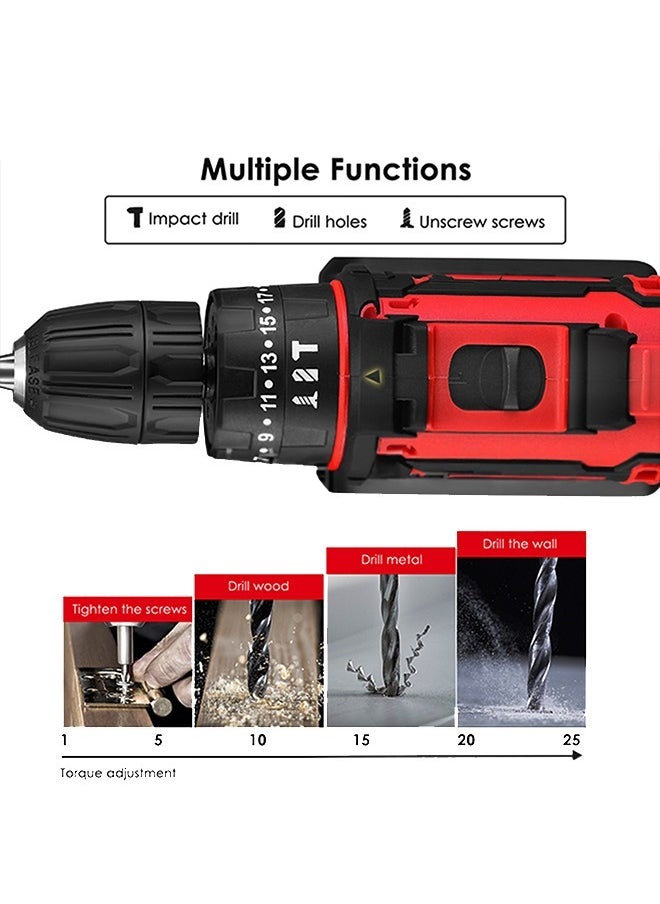 WAMIT 48V Variable Speed ​​Drive Drill, 25+3 Position Clutch, 186 lbs Max Torque, Two Li-Ion Batteries and Fast Charger, 3/8" Drill Kit, LED Work Light, 24 Accessories + 32 Position Box, Red  - Image 3