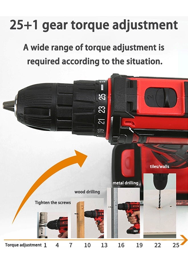 WAMIT 48V Variable Speed ​​Drive Drill, 25+3 Position Clutch, 186 lbs Max Torque, Two Li-Ion Batteries and Fast Charger, 3/8" Drill Kit, LED Work Light, 24 Accessories + 32 Position Box, Red  - Image 4