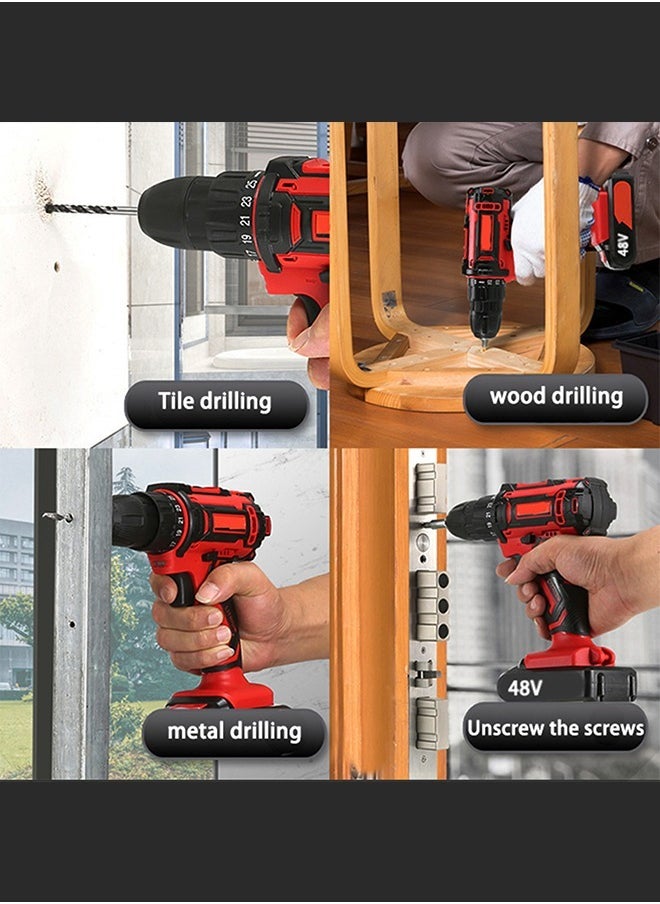 48V Variable Speed ​​Drive Drill, 25+3 Position Clutch, 186 lbs Max Torque, Two Li-Ion Batteries and Fast Charger, 3/8" Drill Kit, LED Work Light, 24 Accessories + 32 Position Box, Red