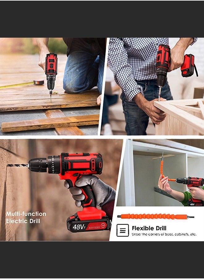 48V Variable Speed ​​Drive Drill, 25+3 Position Clutch, 186 lbs Max Torque, Two Li-Ion Batteries and Fast Charger, 3/8" Drill Kit, LED Work Light, 24 Accessories + 32 Position Box, Red