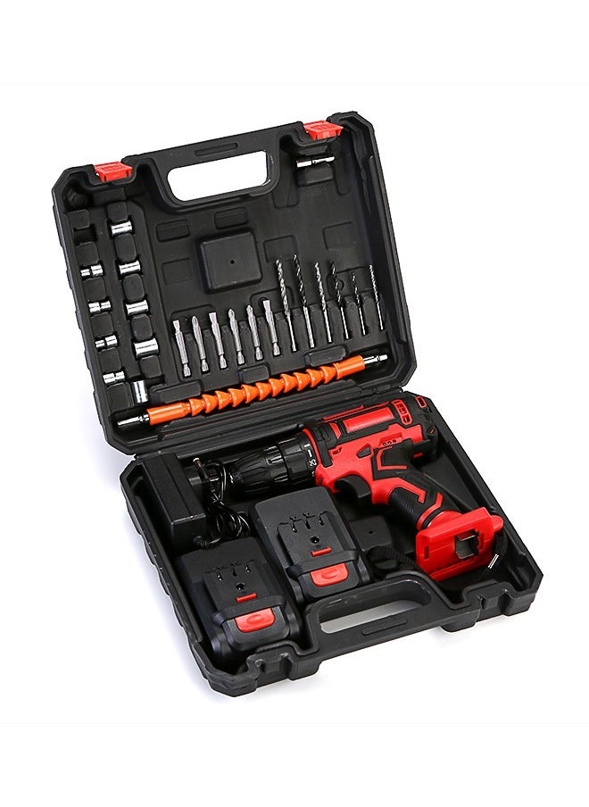 48V Variable Speed ​​Drive Drill, 25+3 Position Clutch, 186 lbs Max Torque, Two Li-Ion Batteries and Fast Charger, 3/8" Drill Kit, LED Work Light, 24 Accessories + 32 Position Box, Red