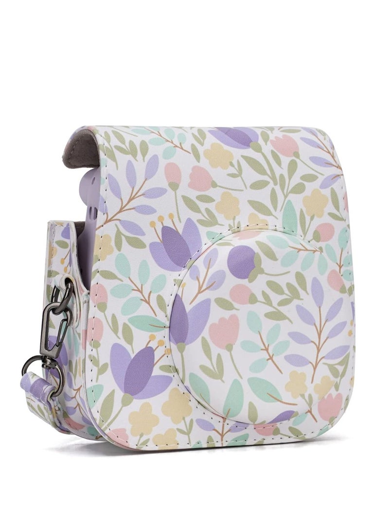 Camera Bag Compatible with Fujifilm Instax Mini 11 Instant Camera Protective Bag Vintage Floral Pu Leather Camera Organizer with Shoulder Strap Purple Floral Camera Bag - Image 2
