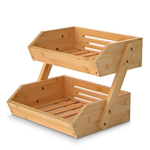 Merysen 2 Tier Fruit Basket For Kitchen- Bamboo Fruit and Vegetable Storage Bowl Stand For Kitchen Countertop, , Produce Basket Fruit Holder for Potato, Onion, Bread, Snack Storage - Image 1