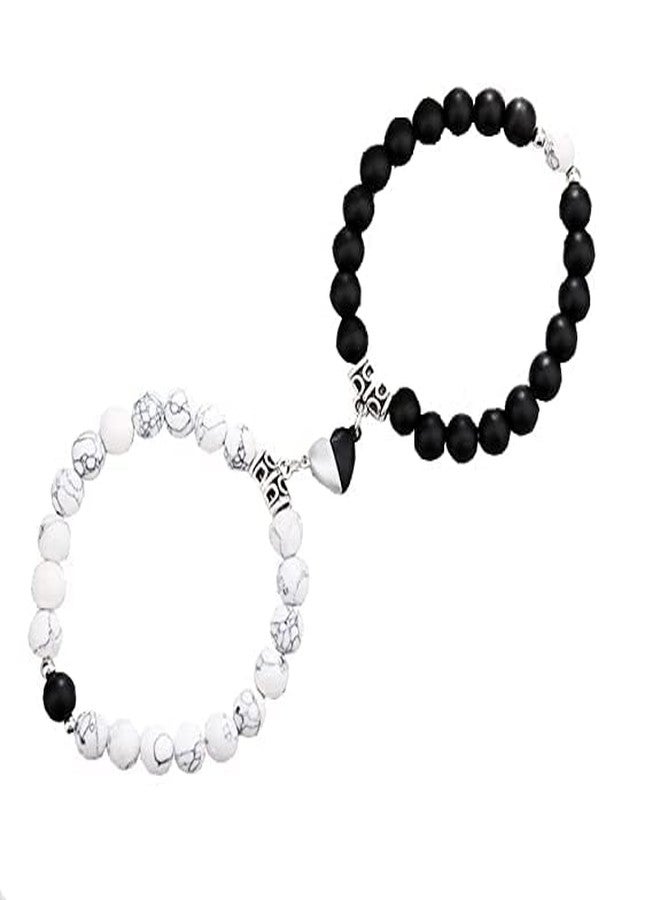 BEAUTIVIA Unisex-adult Two Pcs Set Couple Bracelet Gifts Heart Shape Alloy Magnet Wristband Stone Beaded Bracelet Valentine Lovers Black And White Gift Couple Magnetic Distance Bracelet - Image 4