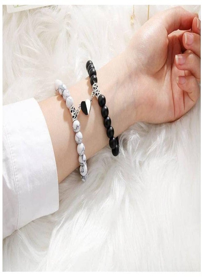 BEAUTIVIA Unisex-adult Two Pcs Set Couple Bracelet Gifts Heart Shape Alloy Magnet Wristband Stone Beaded Bracelet Valentine Lovers Black And White Gift Couple Magnetic Distance Bracelet - Image 3
