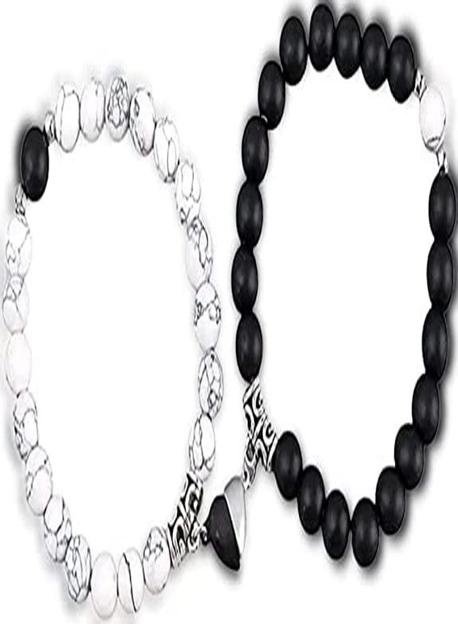 BEAUTIVIA Unisex-adult Two Pcs Set Couple Bracelet Gifts Heart Shape Alloy Magnet Wristband Stone Beaded Bracelet Valentine Lovers Black And White Gift Couple Magnetic Distance Bracelet - Image 5