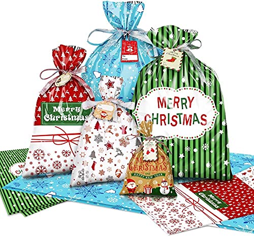 LOKIPA Christmas Wrapping Gift Bags30Large Goodie Gift Bag with 72Feet Ribbon and 30 Tags for Chrismtas Wrapping Gift - Image 1