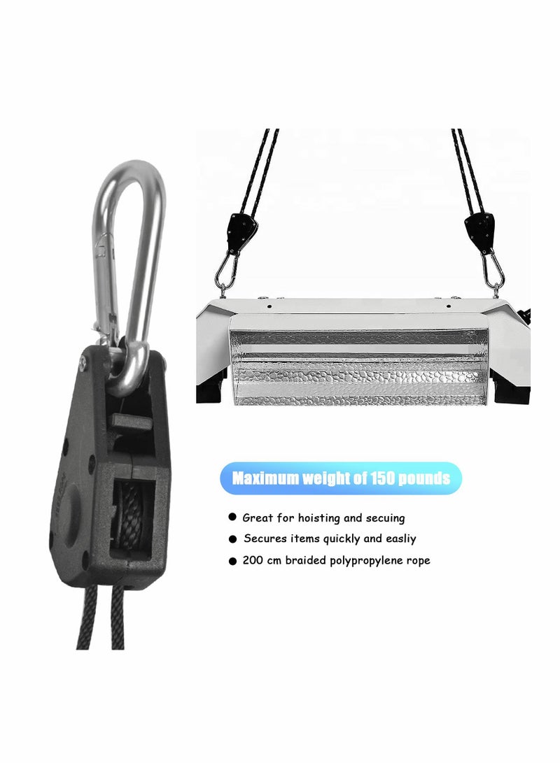 SYOSI Hanger Pulley Rope, Heavy Duty Rope Ratchet Hanger Adjustable Rope Clip Hanger with Carabiner Clip Grow Light Pulley Rope for Plant Lamp Fan Grow Room Equipment 150LB Capacity per Pair (1 Pair 2 m) - Image 4