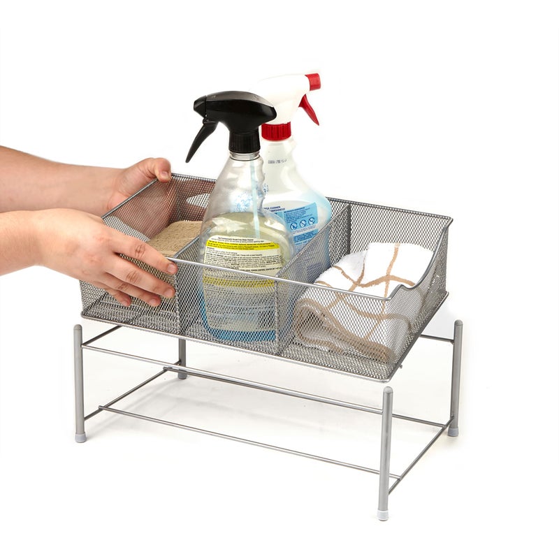 Mind Reader Accessory Organizer, Supply Storage, Makeup, Crafts, Office, Kitchen, Metal Mesh, 15.5"L x 9.38"W x 5.4"H, Silver - Image 2