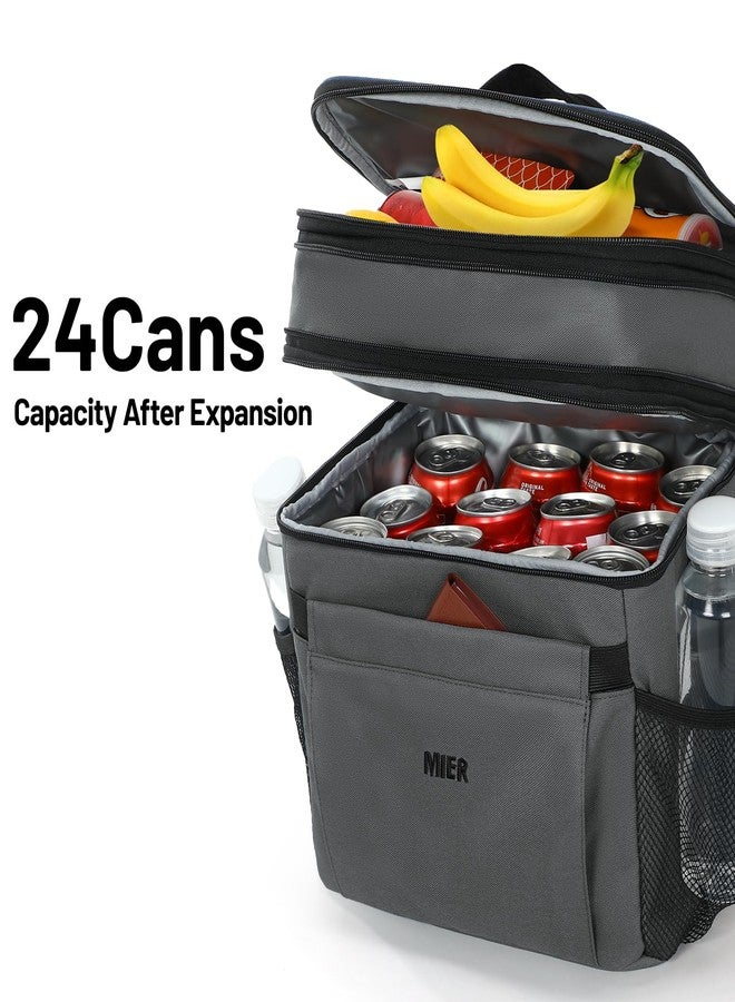 MIER Lunch Box for Men Expandable Insulated Dual Compartment Lunch Bag Leakproof Cooler Bag with Front and Back Pockets for Adult Work Travel Picnic Beach, Grey - Image 3