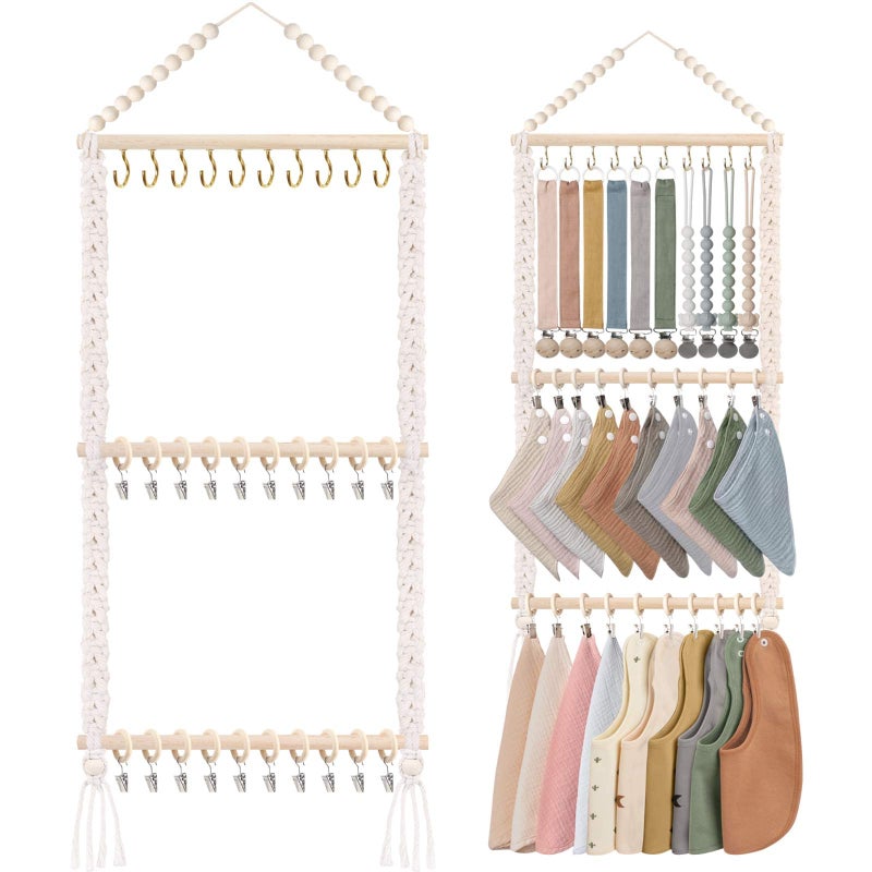POVETIRE POVETIRE Pacifier Clip Holder Baby Bibs Organizer Neutral Baby Bandana Drool Bibs Holder Baby Burp Cloths Organizer Storage Hanging Wall Decor for Nursery Newborn Infant Girls and Boys Room
